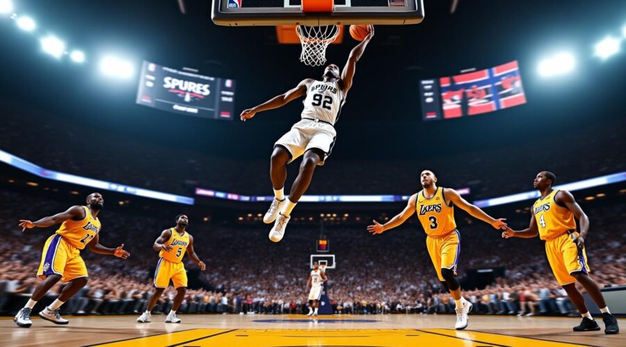 revivez le moment spectaculaire où victor wembanyama s'envole au-dessus de quatre défenseurs pour inscrire un panier impressionnant en nba.