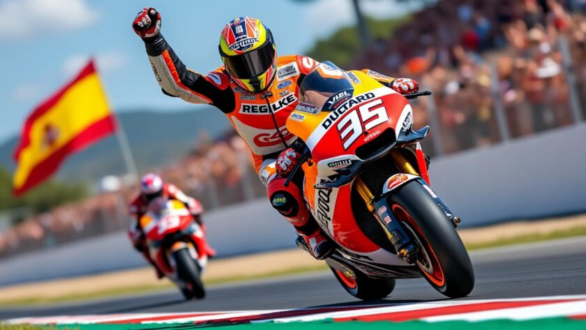 alex marquez décroche une victoire éclatante au grand prix d'espagne en motogp, pilotant sa ducati-gresini avec maestria.