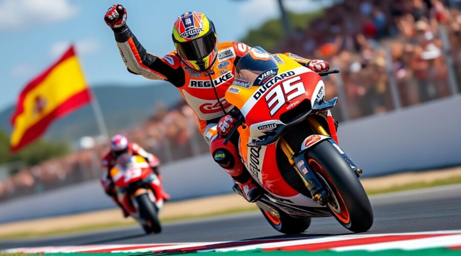 alex marquez décroche une victoire éclatante au grand prix d'espagne en motogp, pilotant sa ducati-gresini avec maestria.