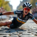 paris-roubaix : lucinda brand chute spectaculairement après un choc avec un spectateur, un incident marquant la course emblématique.