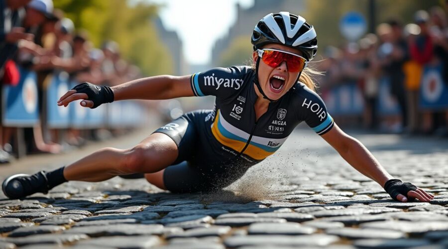 paris-roubaix : lucinda brand chute spectaculairement après un choc avec un spectateur, un incident marquant la course emblématique.